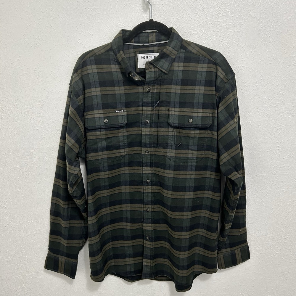 Poncho Outdoor‎ Kodiak Performance Flannel Shirt M Green Plaid Magnetic Pockets